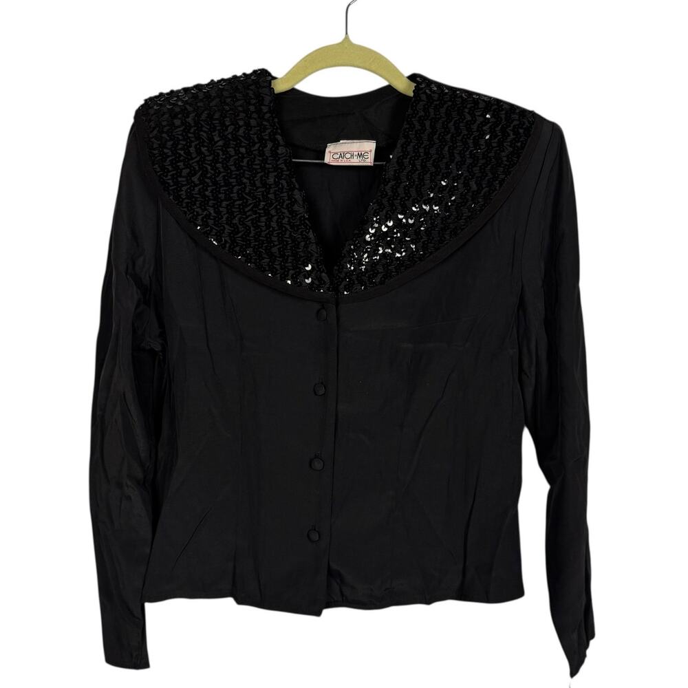 New Catch Me Vintage Sequin Collar Button Up Blouse Top Medium Glam Holiday 80s